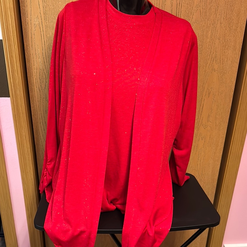 Lane Bryant Sparkling Red sleeveless top and open front cardigan